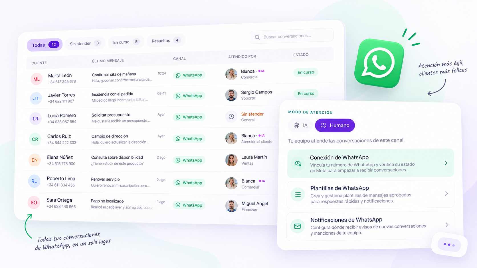 Collage de Deskia WhatsApp con lista de conversaciones atendidas y panel de configuración del canal