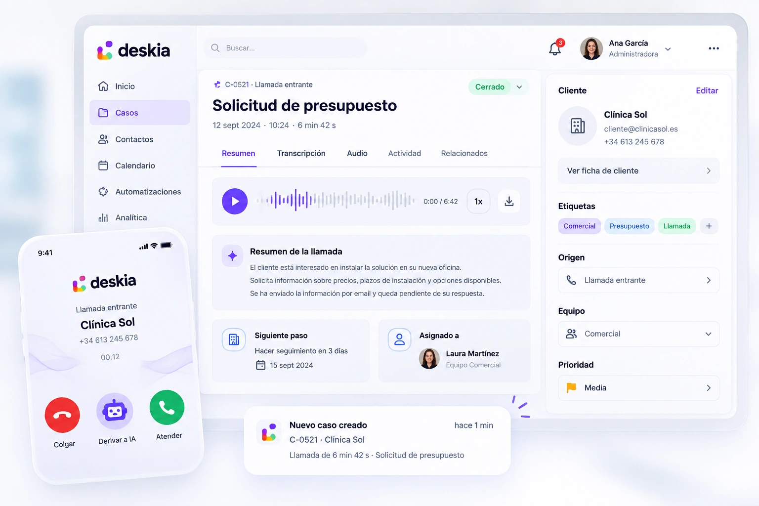 Deskia mostrando un caso de llamada con audio, resumen, asignación, cliente y notificación en una interfaz clara inspirada en Deskia v2