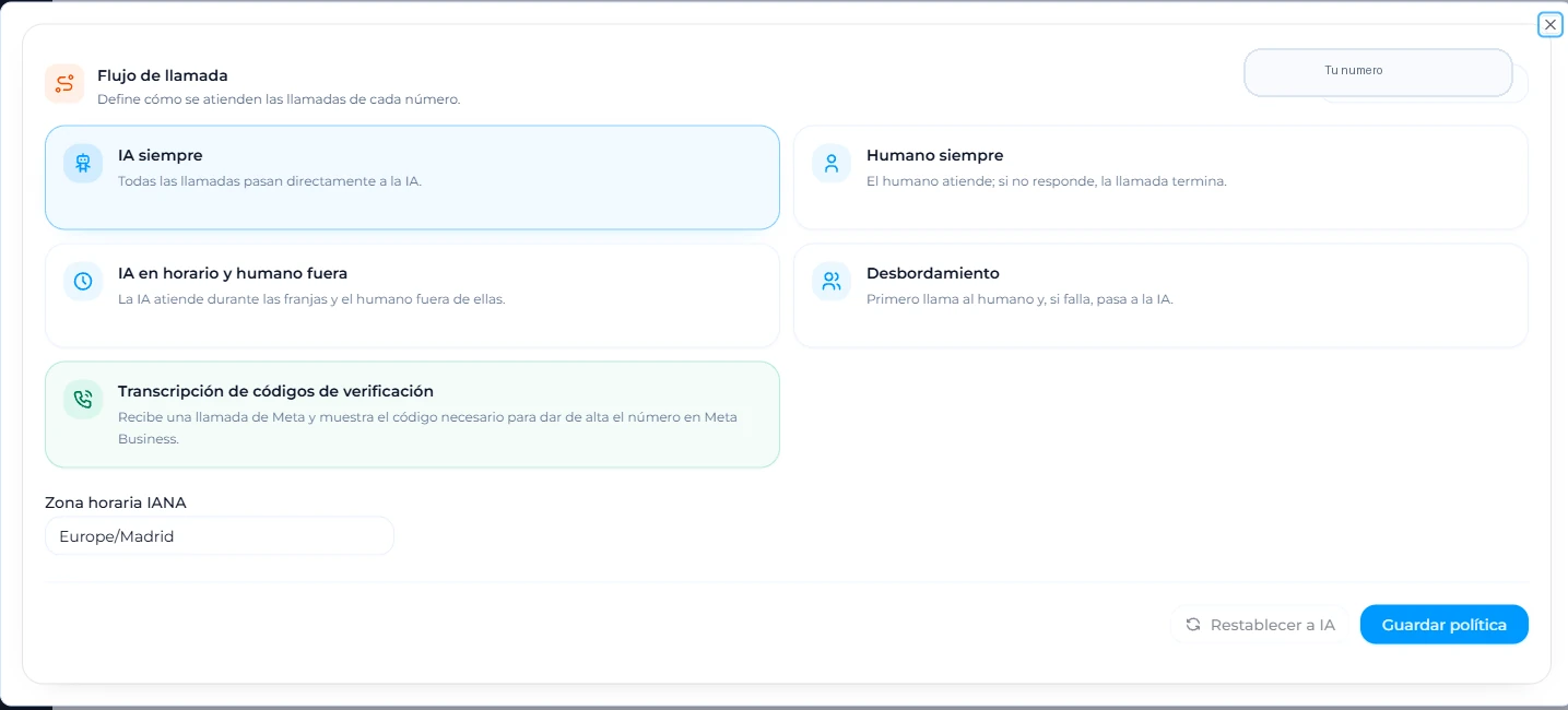 Selector de flujo de llamada para alternar entre IA y atención humana