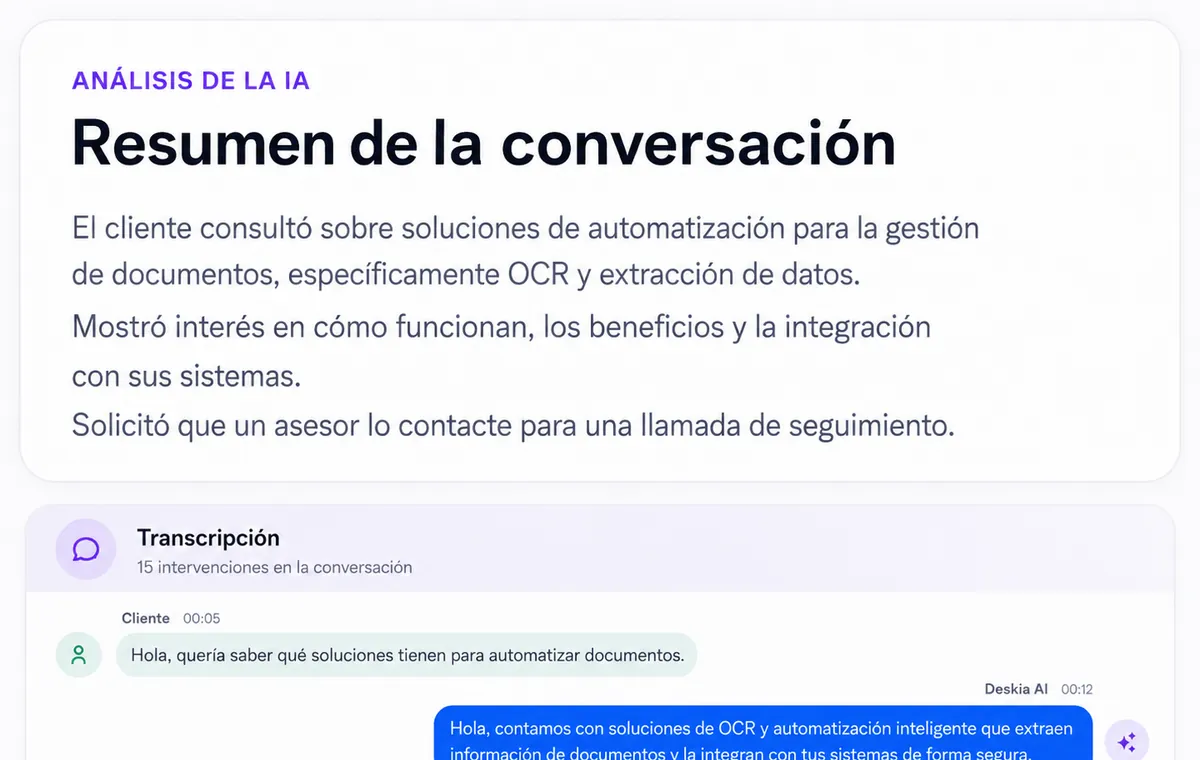 Resumen de conversación generado por la IA de Deskia con transcripción anonimizada